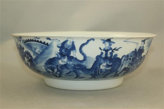 A Chinese blue and white European subject bowl, late 18th / early 19th century, 27cm, damage